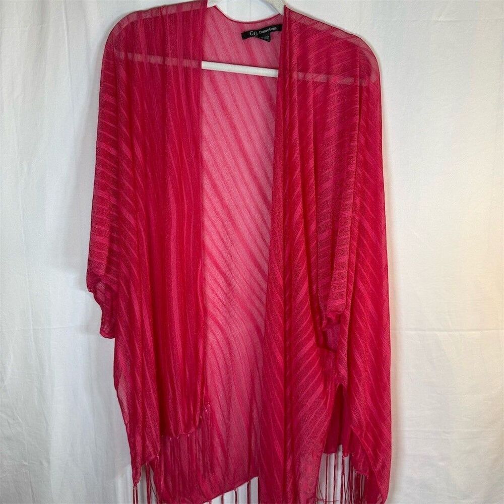 CG Couture Gems Kimono Poncho Womens One Size Hot Pink Striped Sheer Fringe